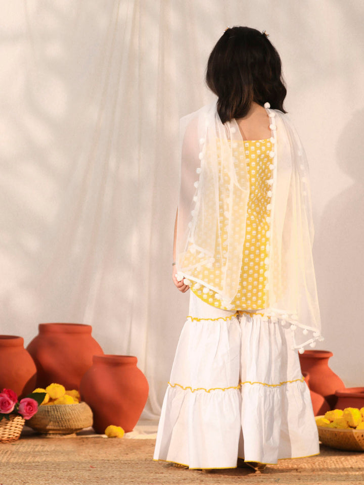 VASTRAMAY Girls' Yellow and White Kurta, Sharara and Dupatta Set - qivii