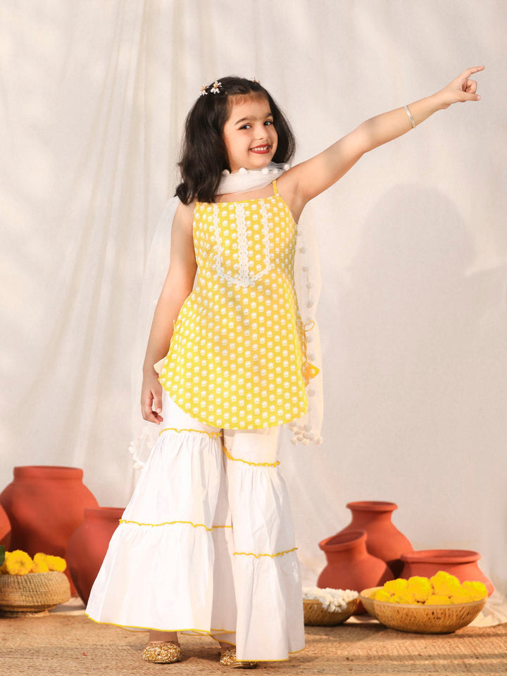 VASTRAMAY Girls' Yellow and White Kurta, Sharara and Dupatta Set - qivii