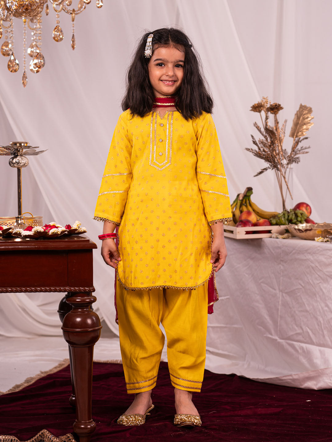 VASTRAMAY Girls Yellow Kurta Salwar and Dupatta Set - qivii