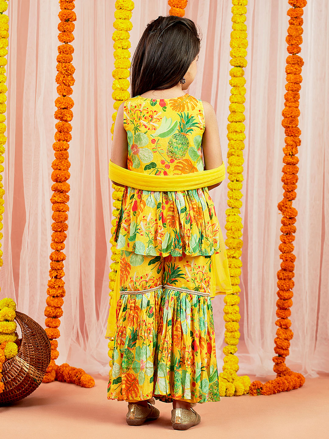 VASTRAMAY Girls' Yellow Kurta Sharara And Dupatta Set - qivii