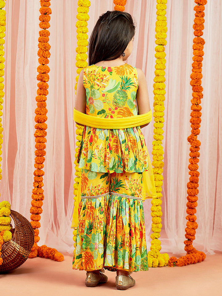 VASTRAMAY Girls' Yellow Kurta Sharara And Dupatta Set - qivii