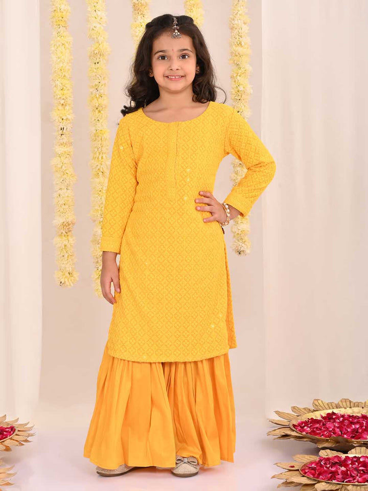 VASTRAMAY Girls' Yellow Embellished Kurta Palazzo Set - qivii