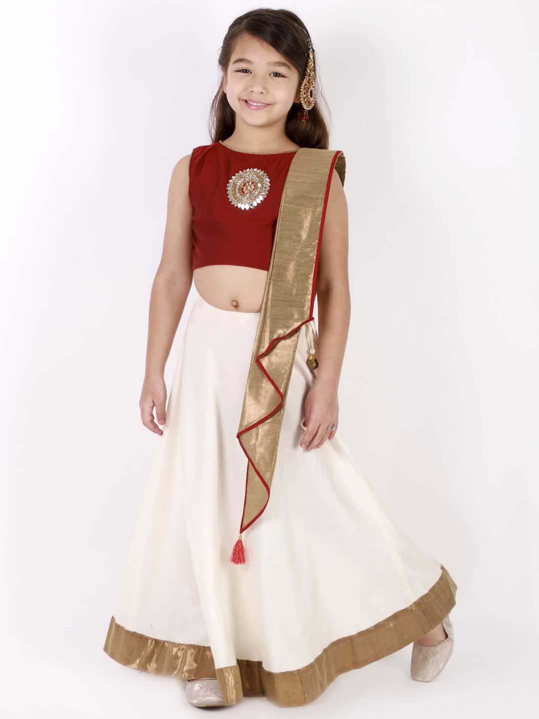 VASTRAMAY Girl's Viscose Crop Top Skirt And Drape Dupatta Set - qivii