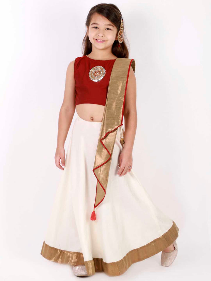 VASTRAMAY Girl's Viscose Crop Top Skirt And Drape Dupatta Set - qivii