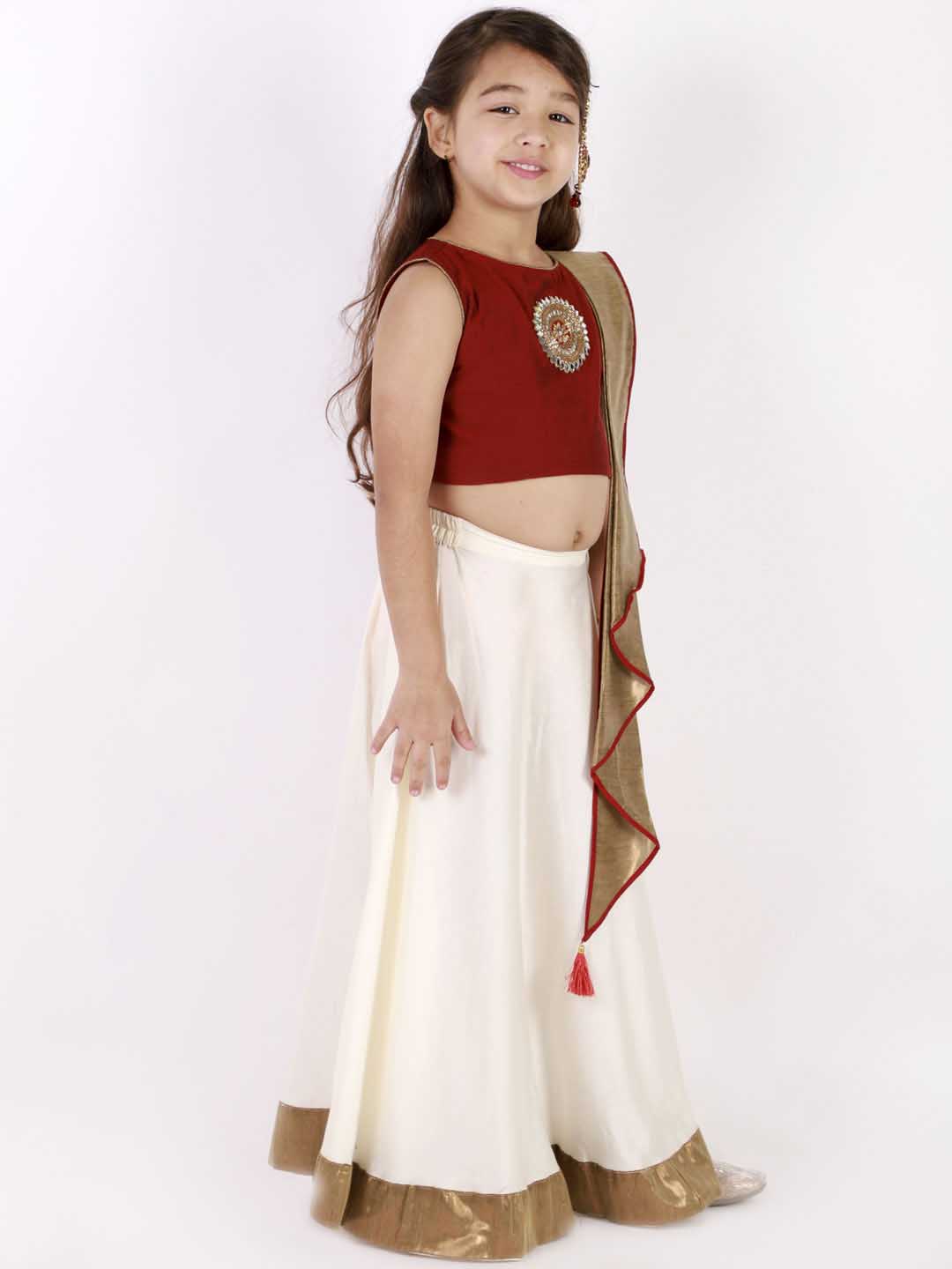 VASTRAMAY Girl's Viscose Crop Top Skirt And Drape Dupatta Set - qivii