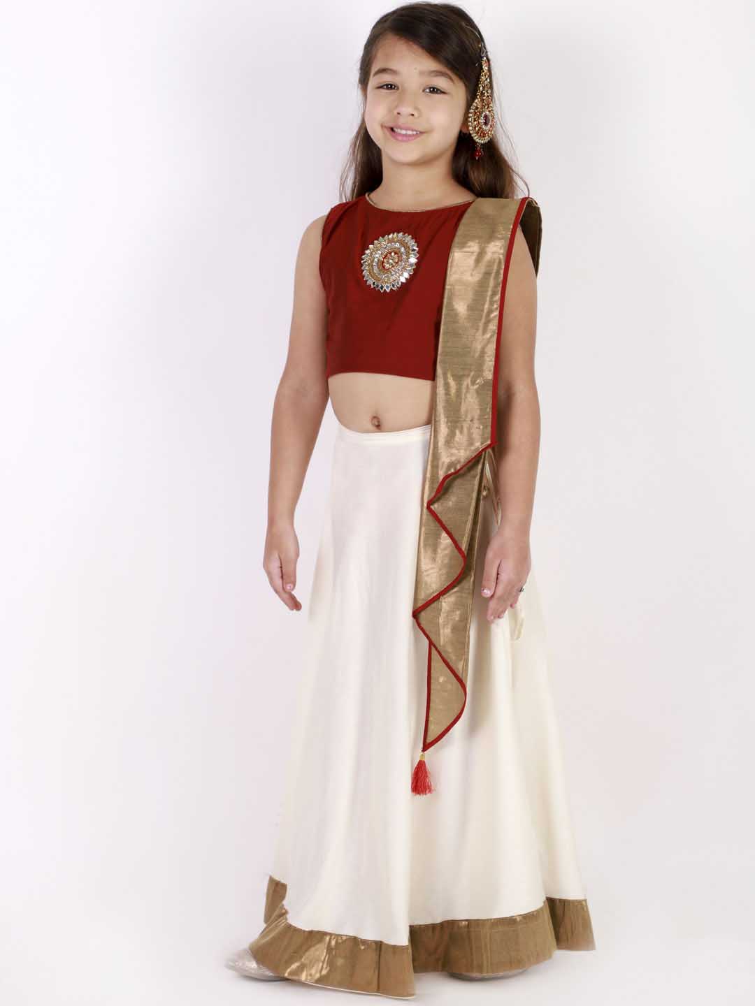 VASTRAMAY Girl's Viscose Crop Top Skirt And Drape Dupatta Set - qivii