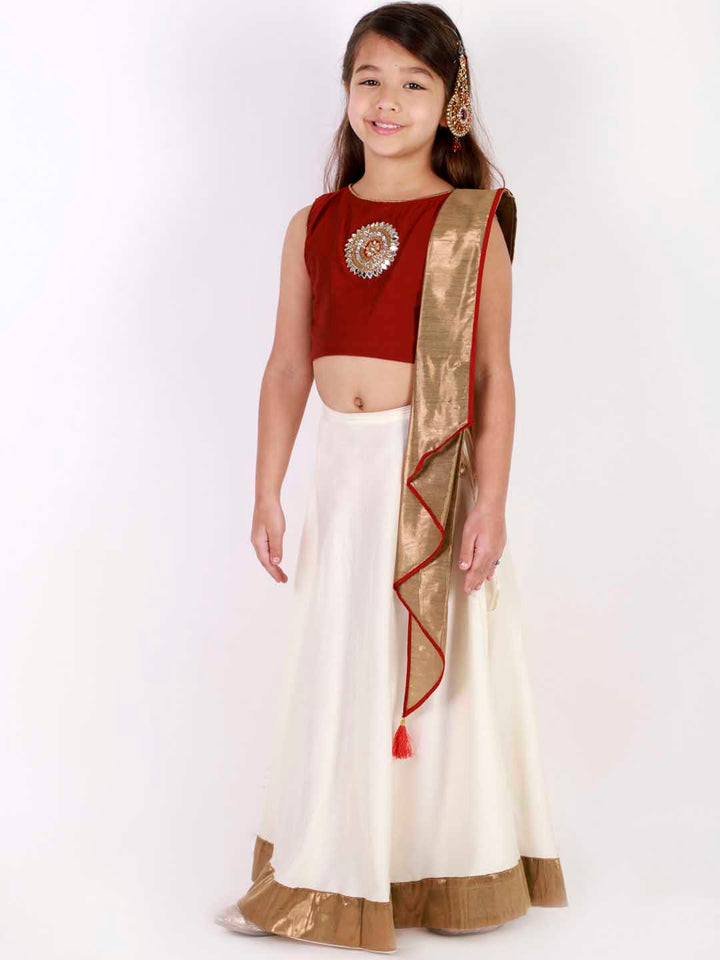 VASTRAMAY Girl's Viscose Crop Top Skirt And Drape Dupatta Set - qivii