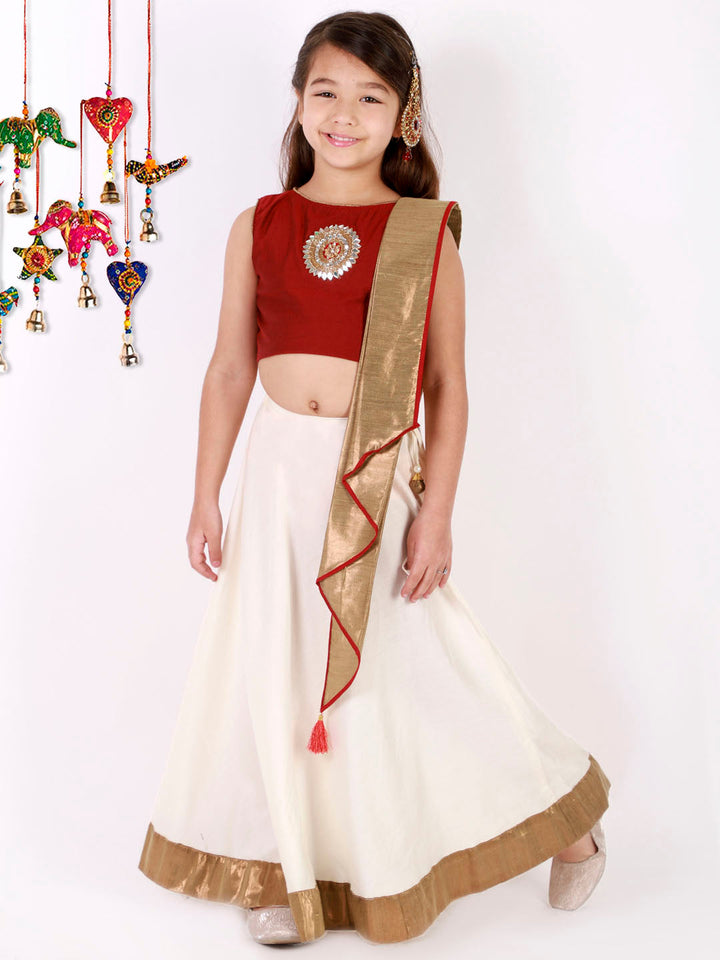 VASTRAMAY Girl's Viscose Crop Top Skirt And Drape Dupatta Set - qivii