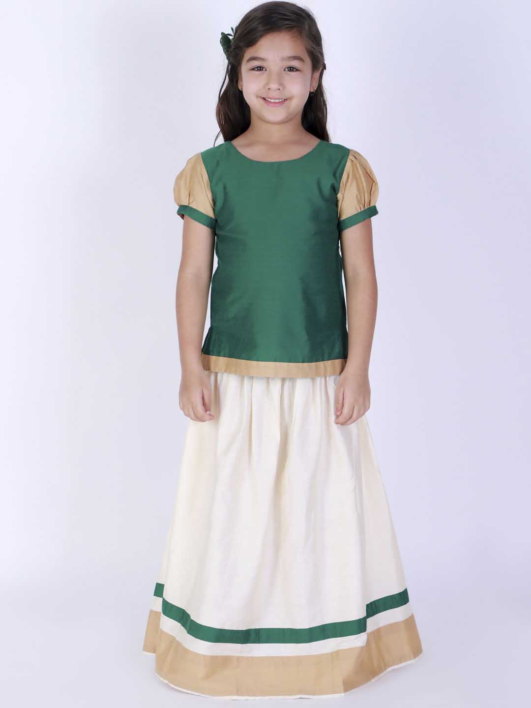 VASTRAMAY Girl's Green & White Pavda Pattu Lehenga Choli Set - qivii