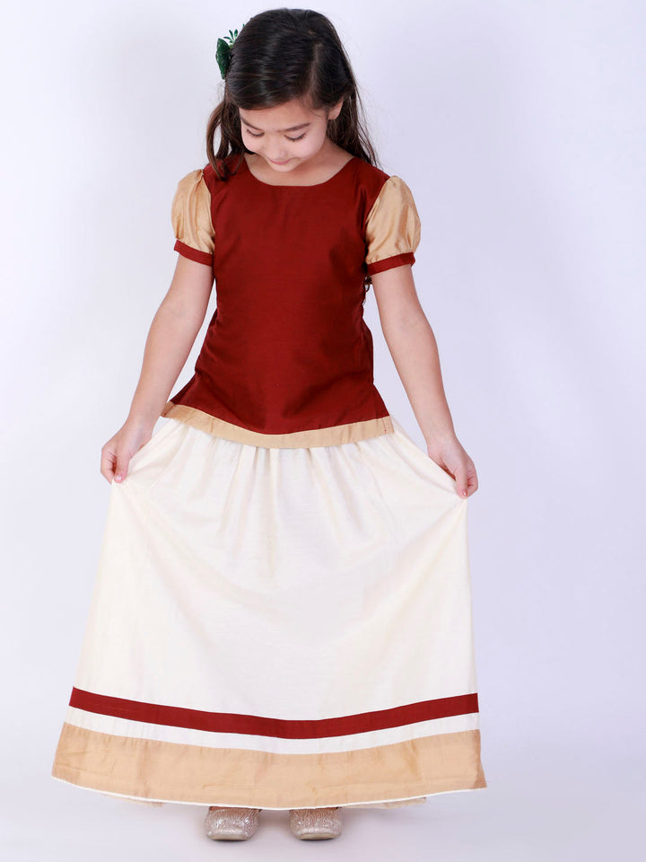 VASTRAMAY Girl's Maroon & White Pavda Pattu Lehenga Choli Set - qivii