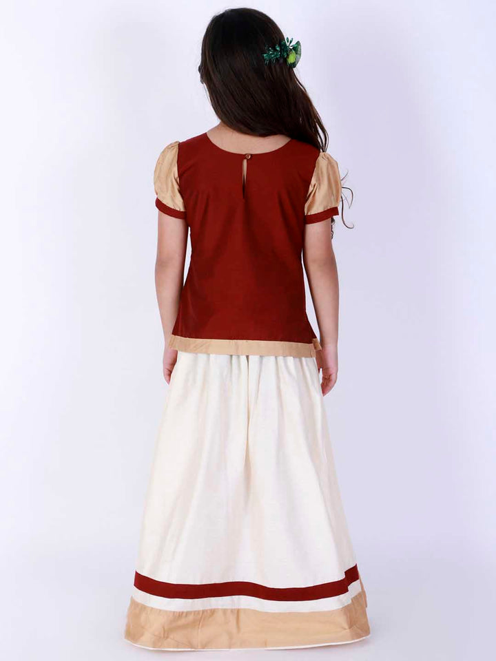 VASTRAMAY Girl's Maroon & White Pavda Pattu Lehenga Choli Set - qivii