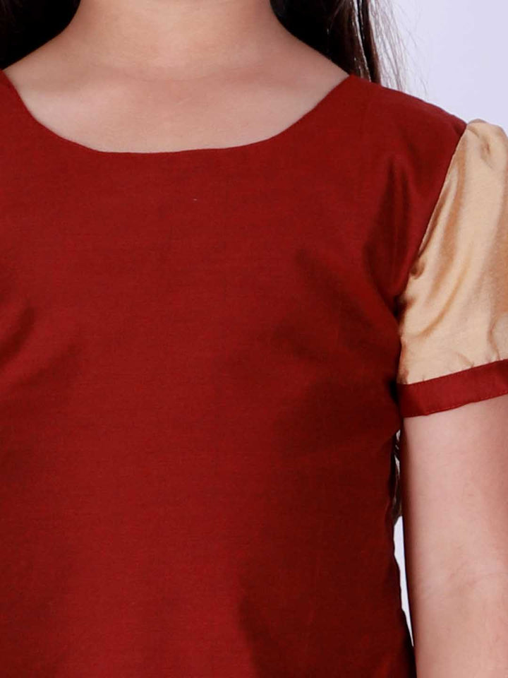 VASTRAMAY Girl's Maroon & White Pavda Pattu Lehenga Choli Set - qivii