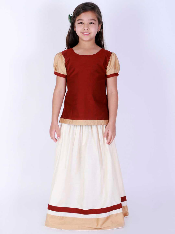 VASTRAMAY Girl's Maroon & White Pavda Pattu Lehenga Choli Set - qivii