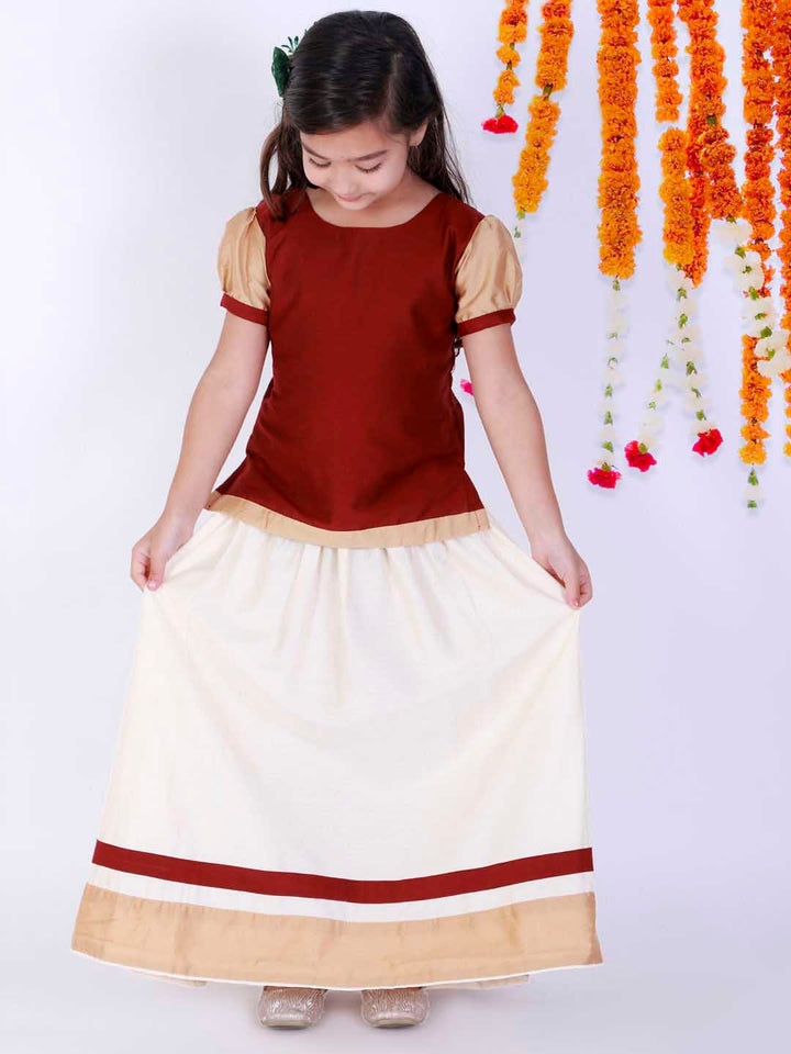 VASTRAMAY Girl's Maroon & White Pavda Pattu Lehenga Choli Set - qivii