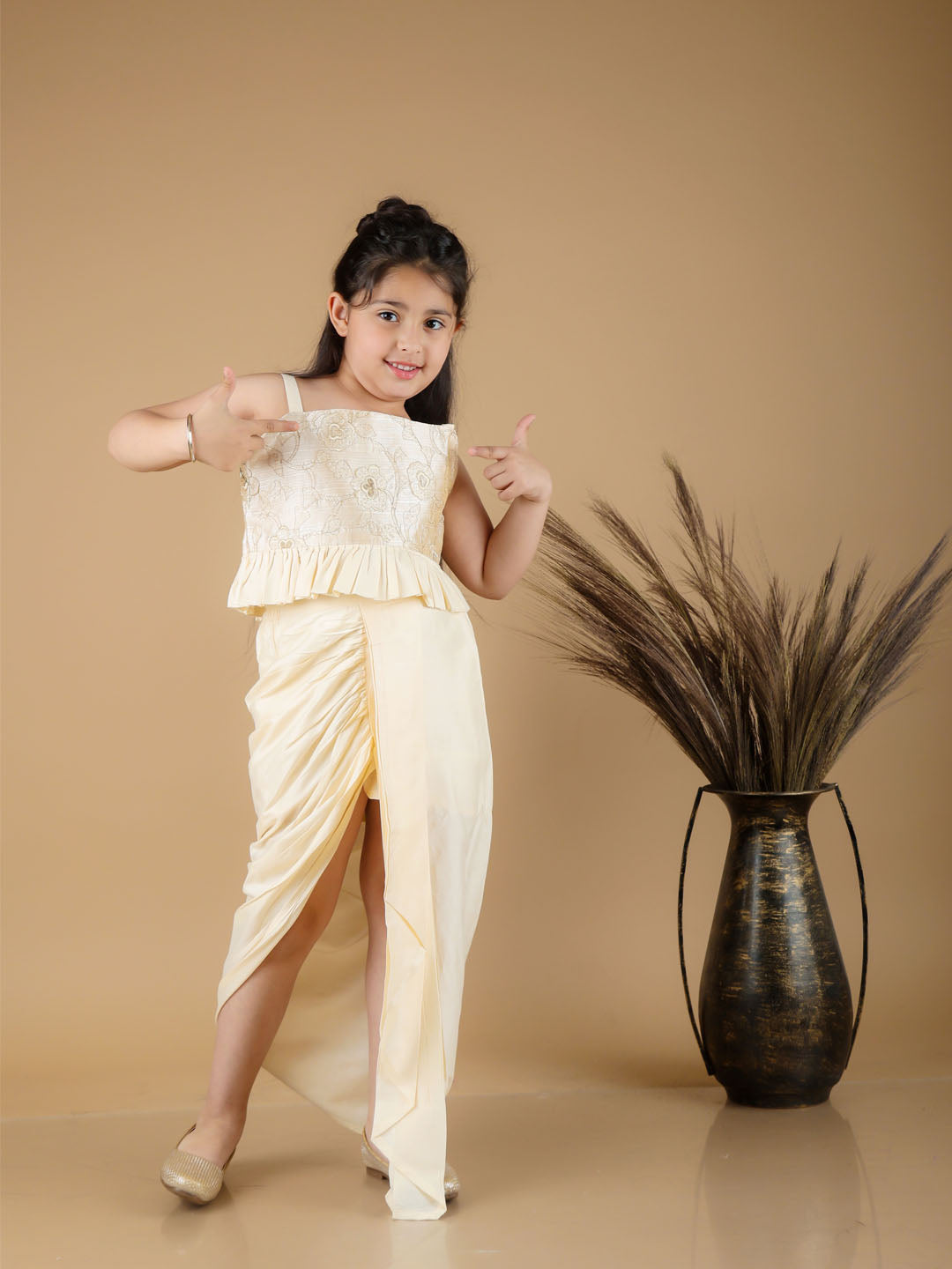 Vastramay Girl's Gold Draped Skirt With Crop Top - qivii