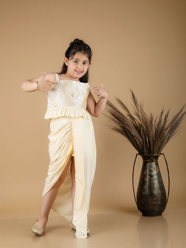 Vastramay Girl's Gold Draped Skirt With Crop Top - qivii