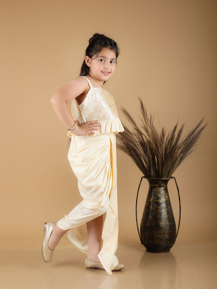 Vastramay Girl's Gold Draped Skirt With Crop Top - qivii