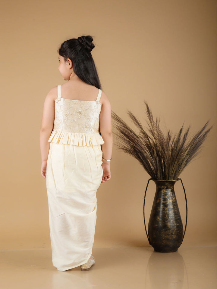 Vastramay Girl's Gold Draped Skirt With Crop Top - qivii