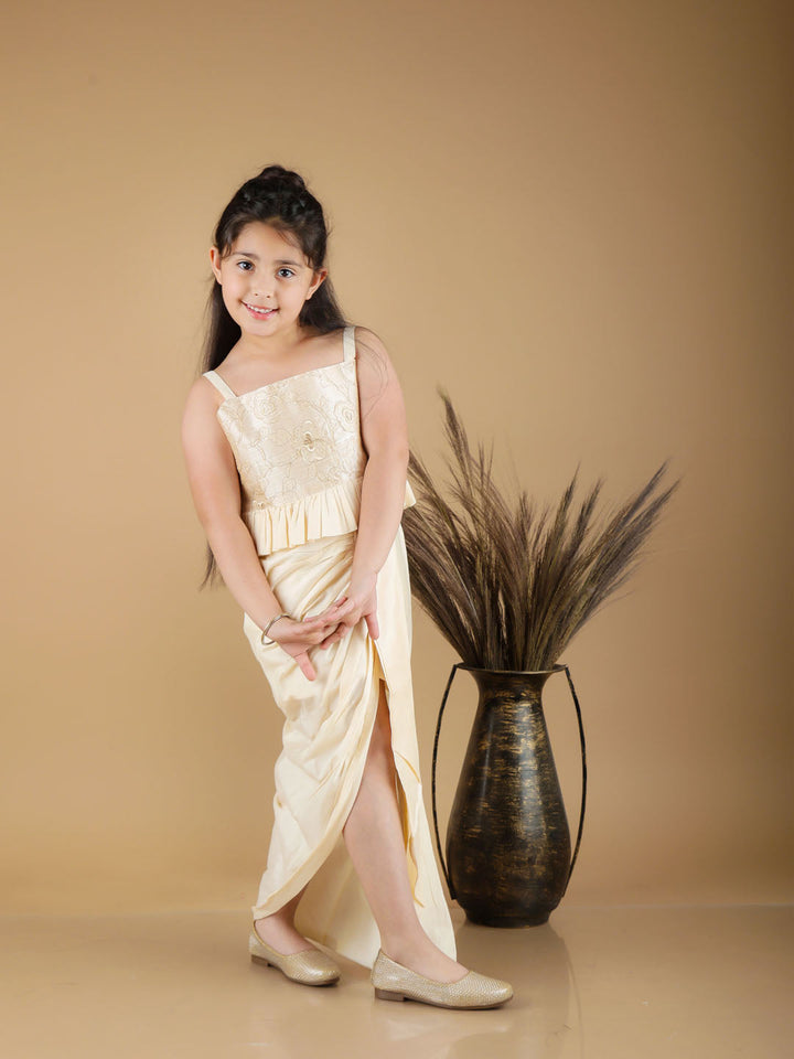 Vastramay Girl's Gold Draped Skirt With Crop Top - qivii