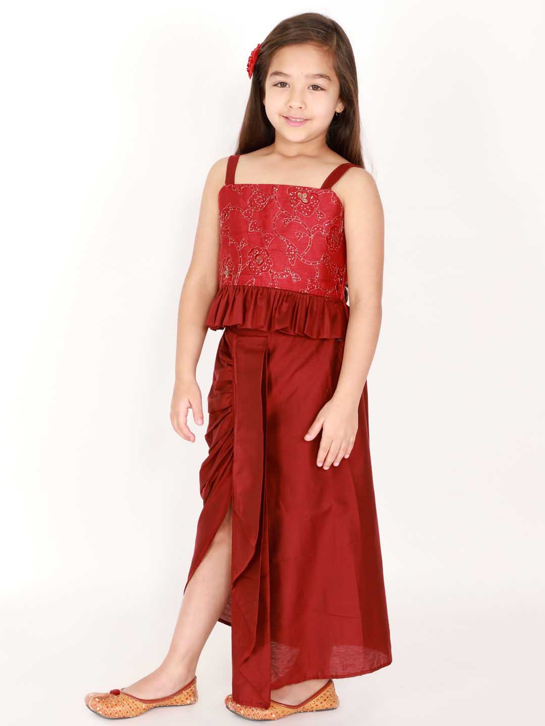 Vastramay Girl's Maroon Draped Skirt With Crop Top - qivii