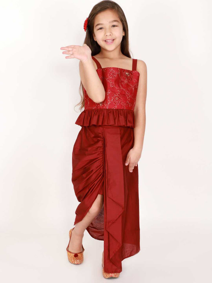 Vastramay Girl's Maroon Draped Skirt With Crop Top - qivii