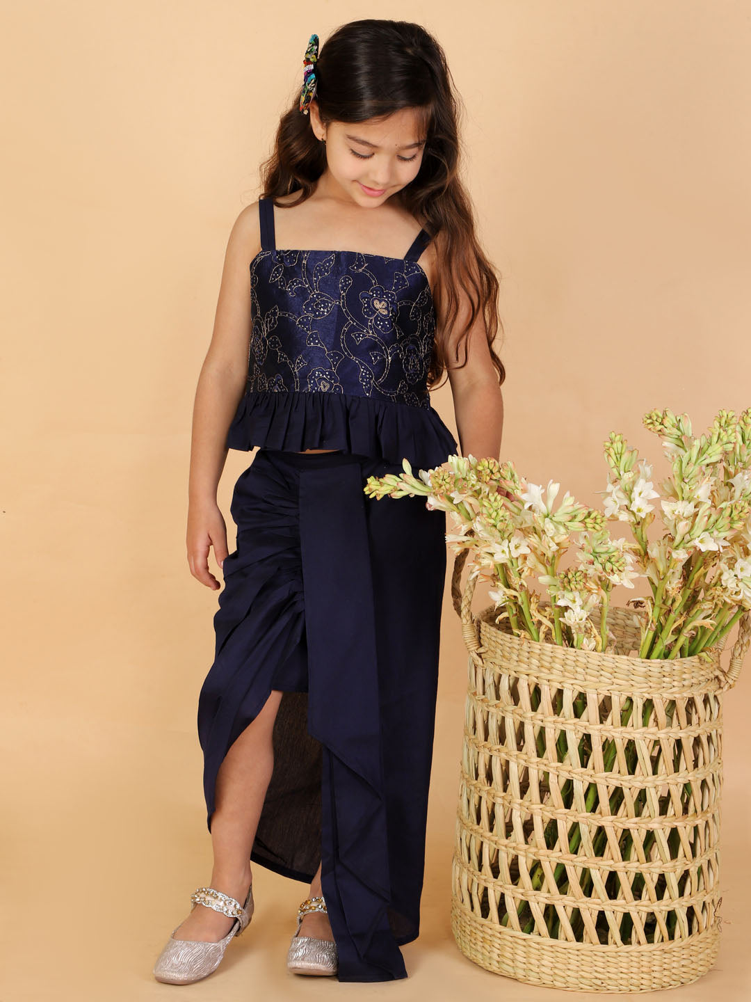 Vastramay Girl's Navy Blue Draped Skirt With Crop Top - qivii
