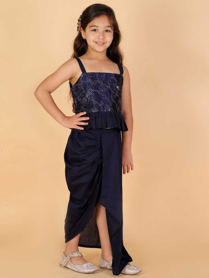 Vastramay Girl's Navy Blue Draped Skirt With Crop Top - qivii