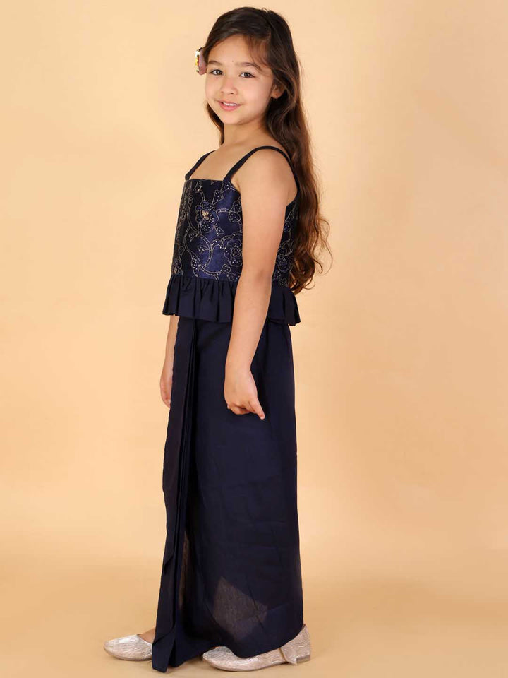 Vastramay Girl's Navy Blue Draped Skirt With Crop Top - qivii
