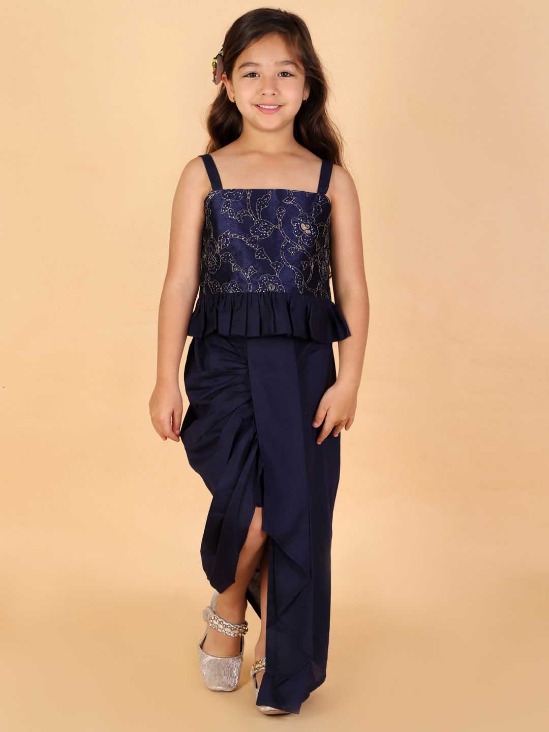 Vastramay Girl's Navy Blue Draped Skirt With Crop Top - qivii