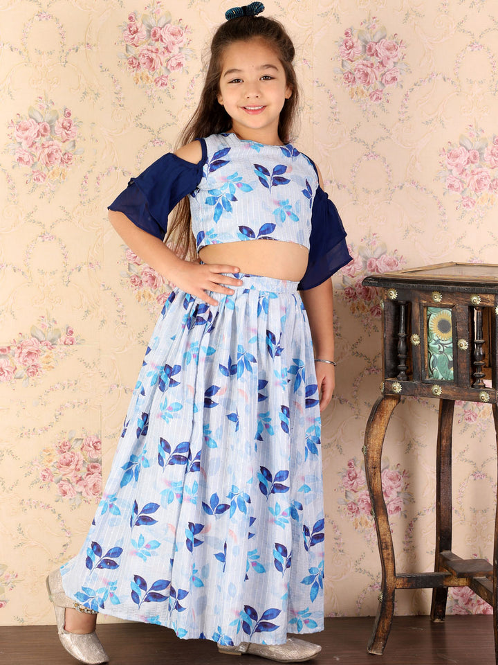VASTRAMAY Girl's Blue Printed Crop Top & Embellished Long Skirt Set - qivii