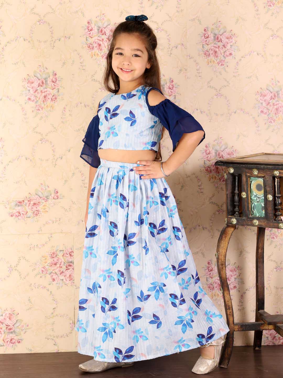 VASTRAMAY Girl's Blue Printed Crop Top & Embellished Long Skirt Set - qivii