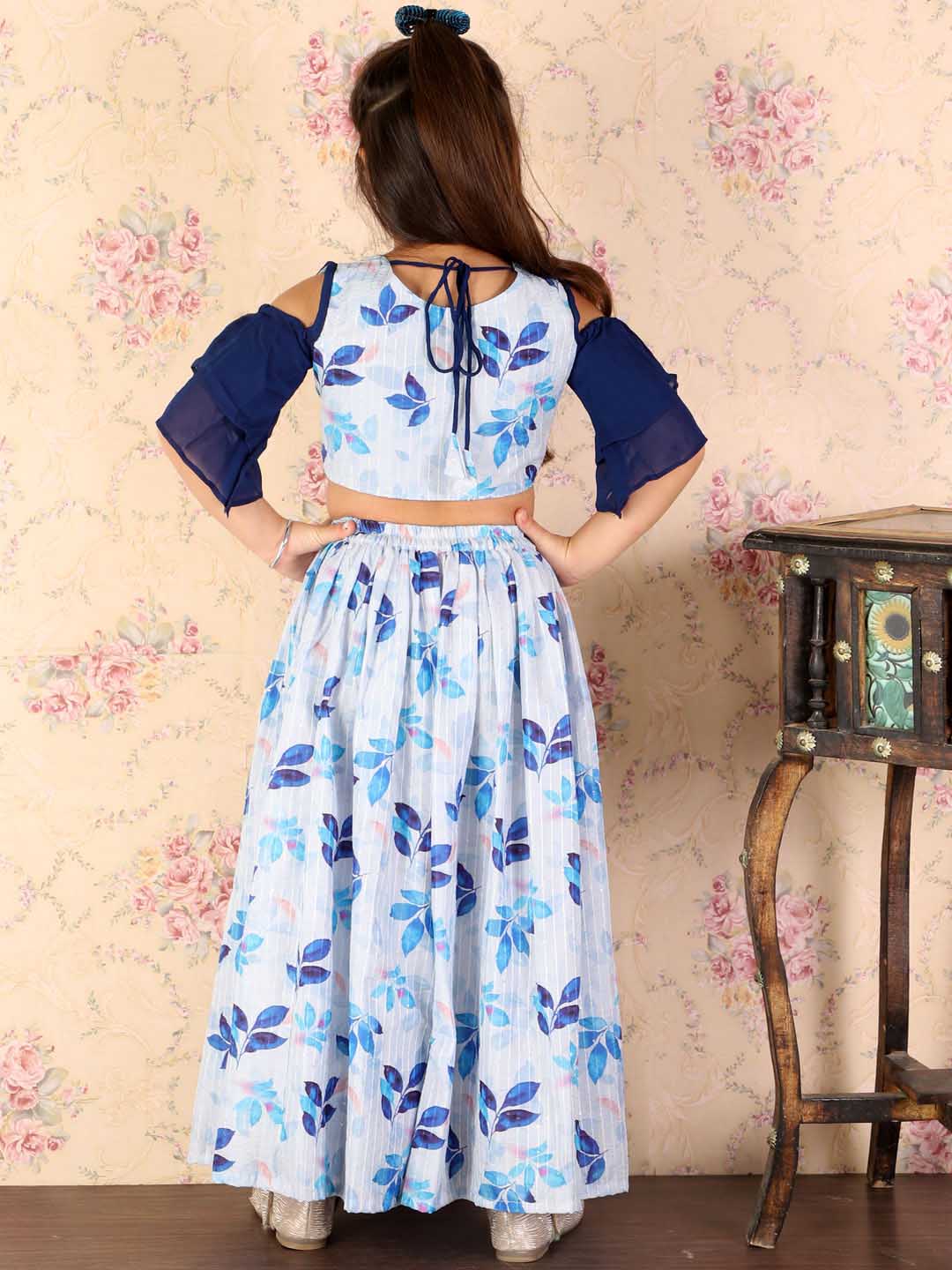 VASTRAMAY Girl's Blue Printed Crop Top & Embellished Long Skirt Set - qivii