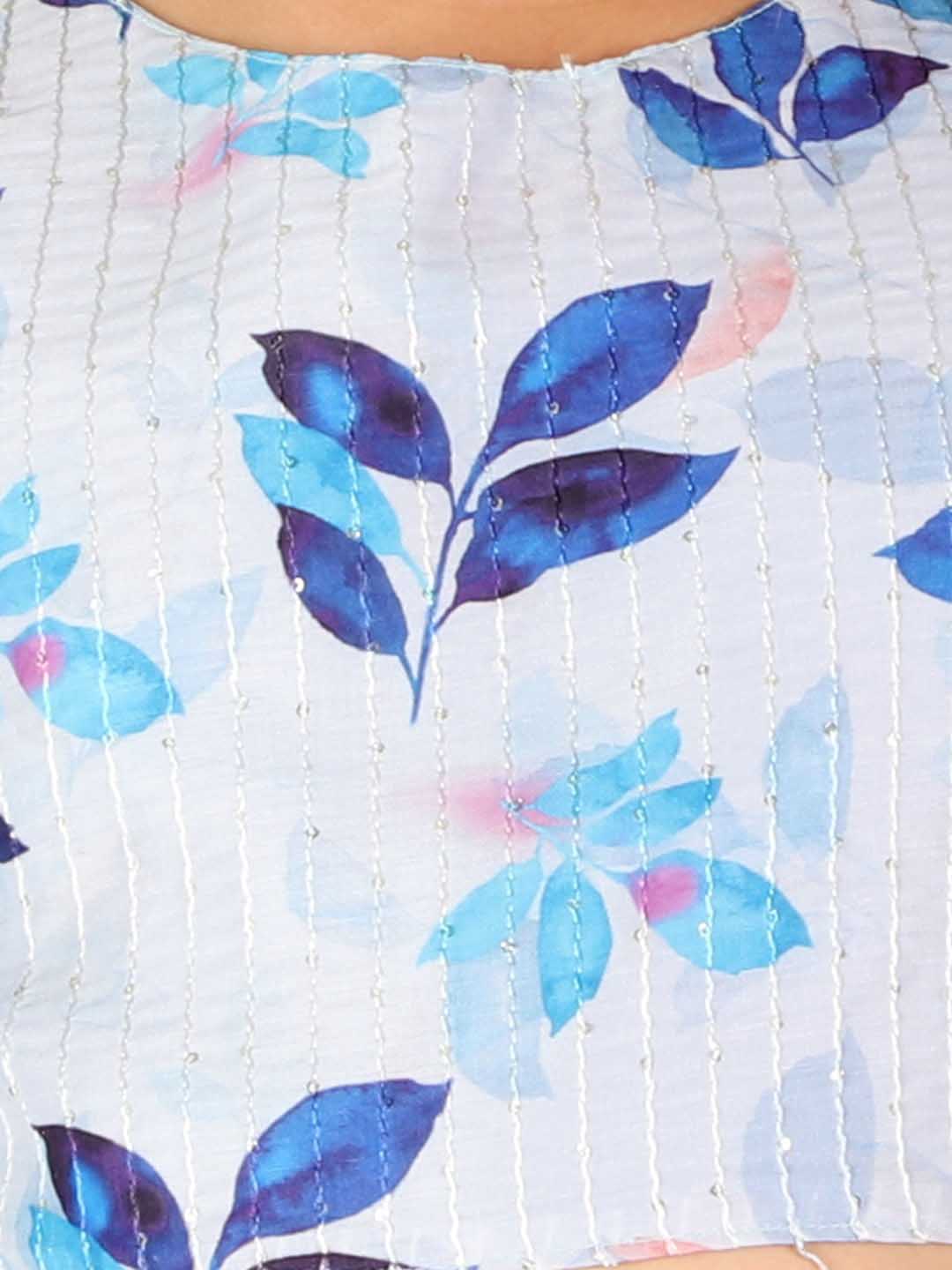 VASTRAMAY Girl's Blue Printed Crop Top & Embellished Long Skirt Set - qivii