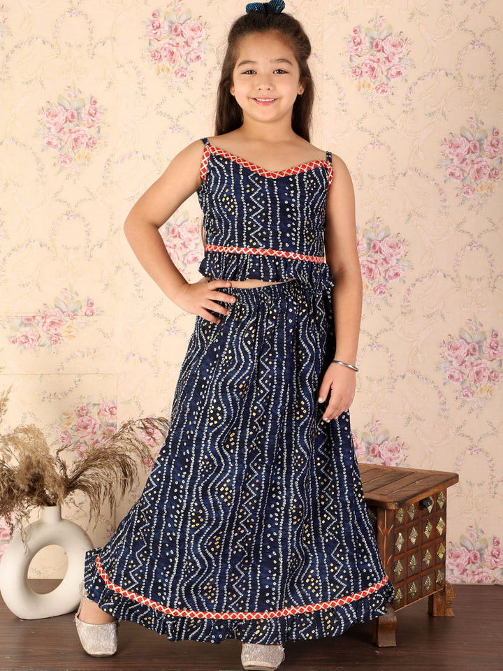 VASTRAMAY Girl's Blue Bandhani Top And Long Skirt Set - qivii