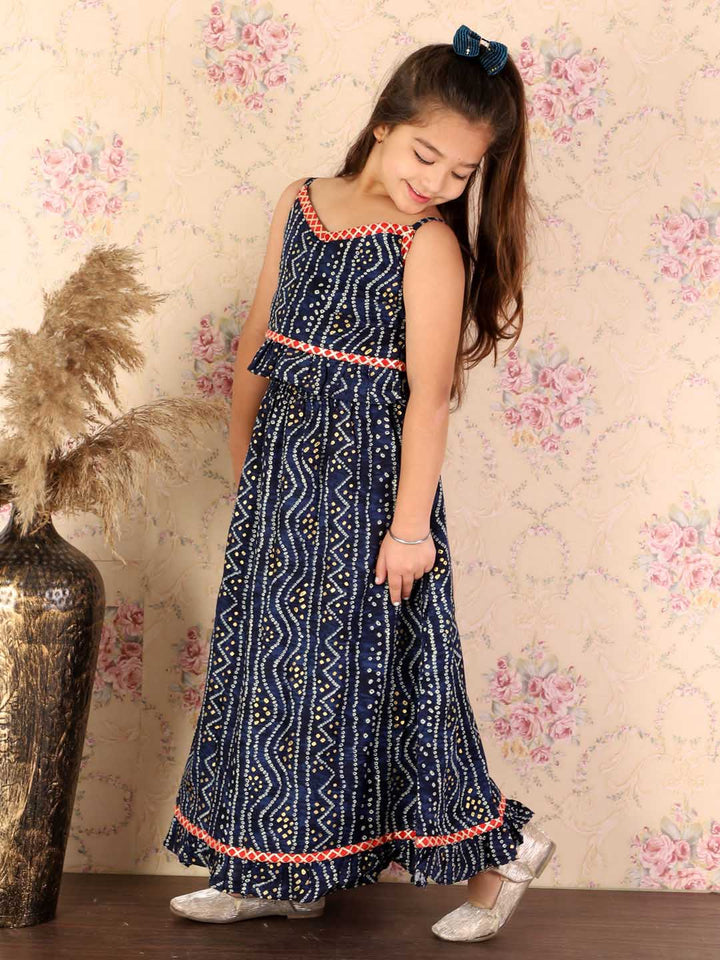 VASTRAMAY Girl's Blue Bandhani Top And Long Skirt Set - qivii