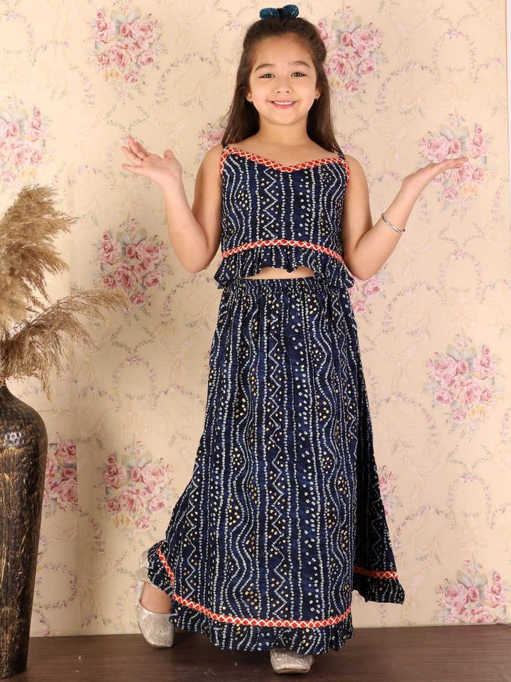 VASTRAMAY Girl's Blue Bandhani Top And Long Skirt Set - qivii