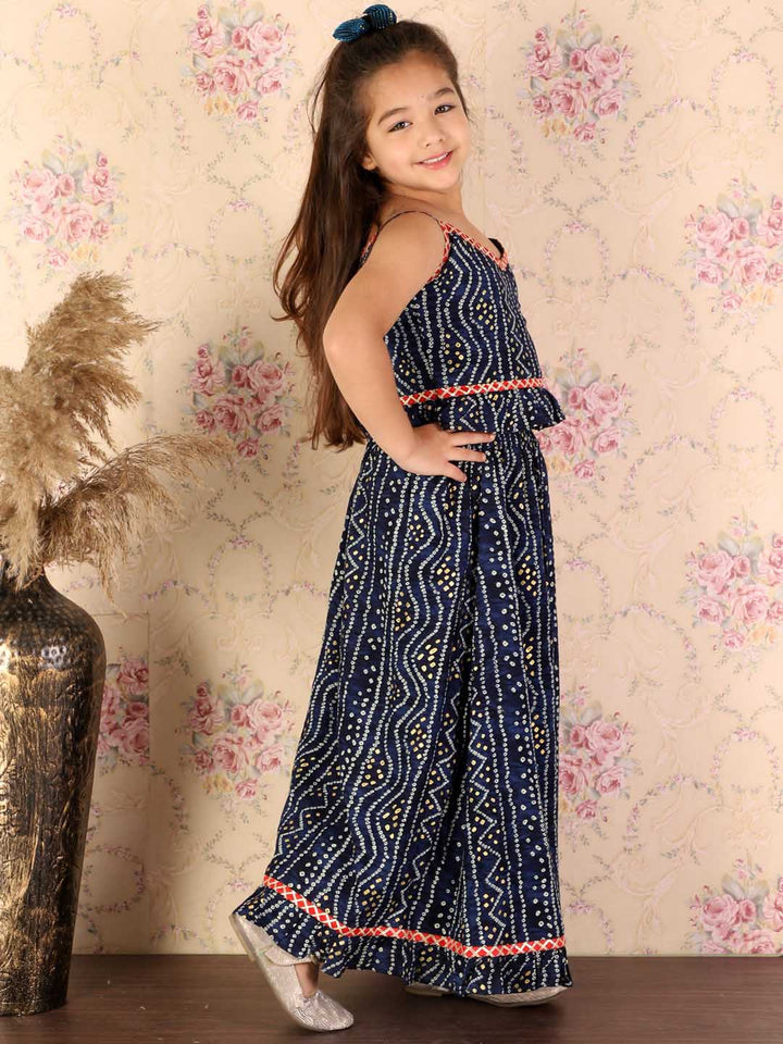 VASTRAMAY Girl's Blue Bandhani Top And Long Skirt Set - qivii