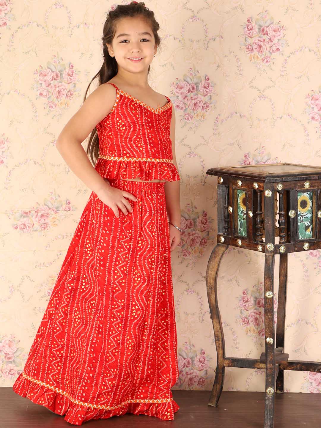 VASTRAMAY Girl's Maroon Bandhani Top And Long Skirt Set - qivii