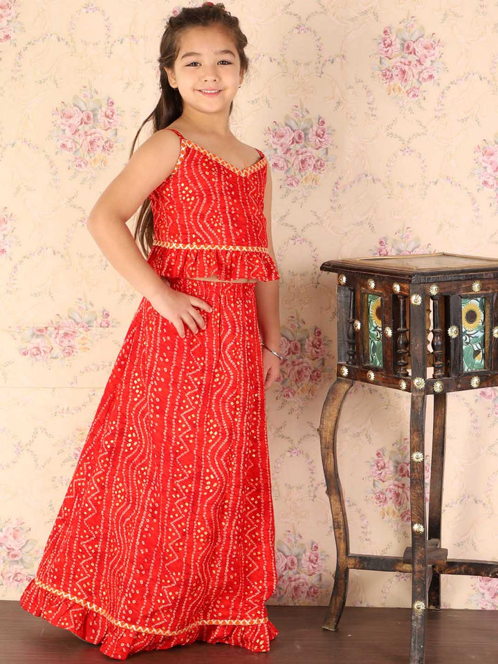 VASTRAMAY Girl's Maroon Bandhani Top And Long Skirt Set - qivii