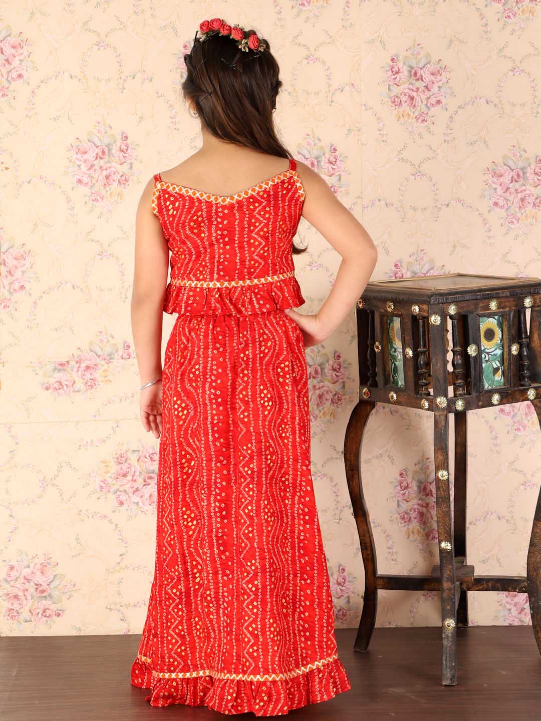 VASTRAMAY Girl's Maroon Bandhani Top And Long Skirt Set - qivii