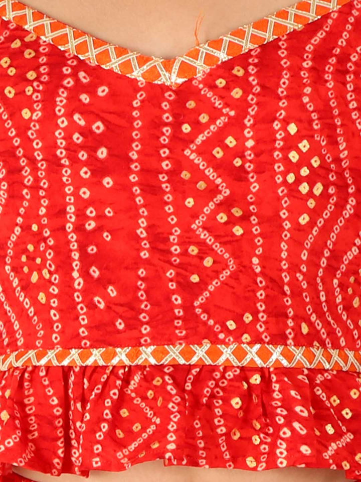 VASTRAMAY Girl's Maroon Bandhani Top And Long Skirt Set - qivii