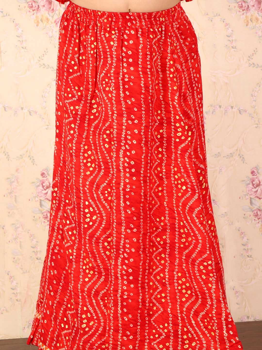 VASTRAMAY Girl's Maroon Bandhani Top And Long Skirt Set - qivii