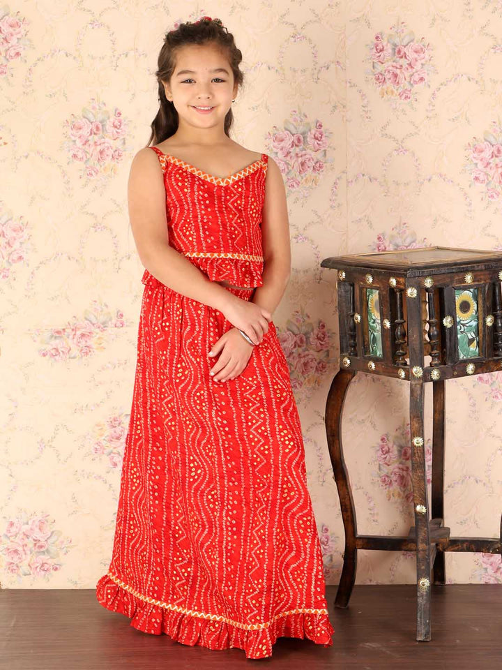 VASTRAMAY Girl's Maroon Bandhani Top And Long Skirt Set - qivii