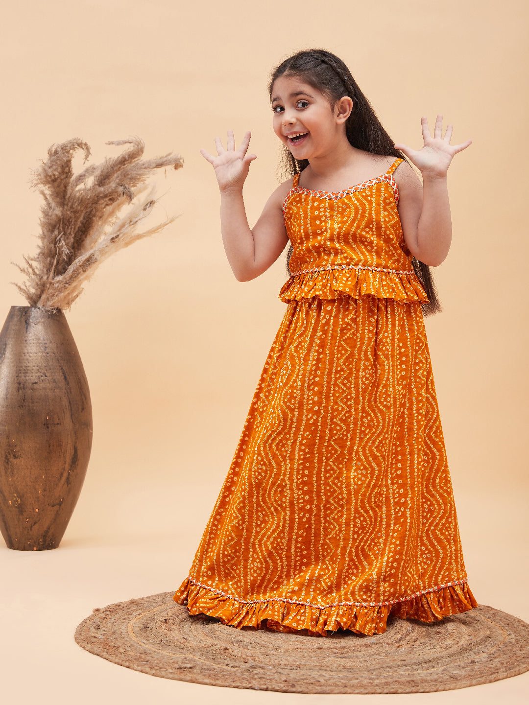 VASTRAMAY Girl's Orange Bandhani Top And Long Skirt Set - qivii