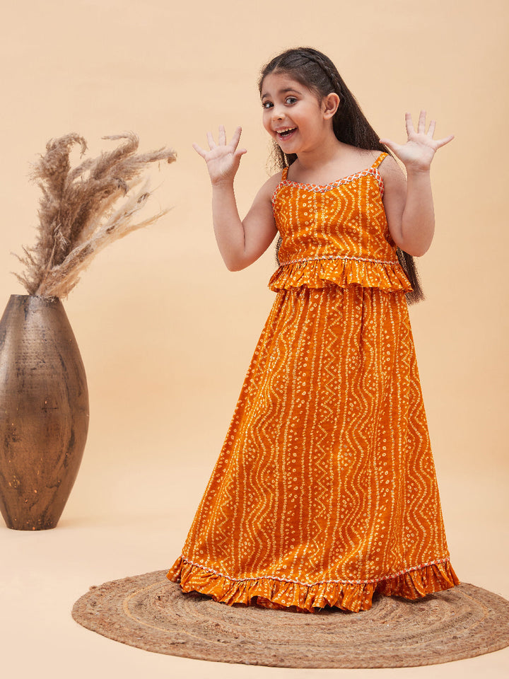 VASTRAMAY Girl's Orange Bandhani Top And Long Skirt Set - qivii
