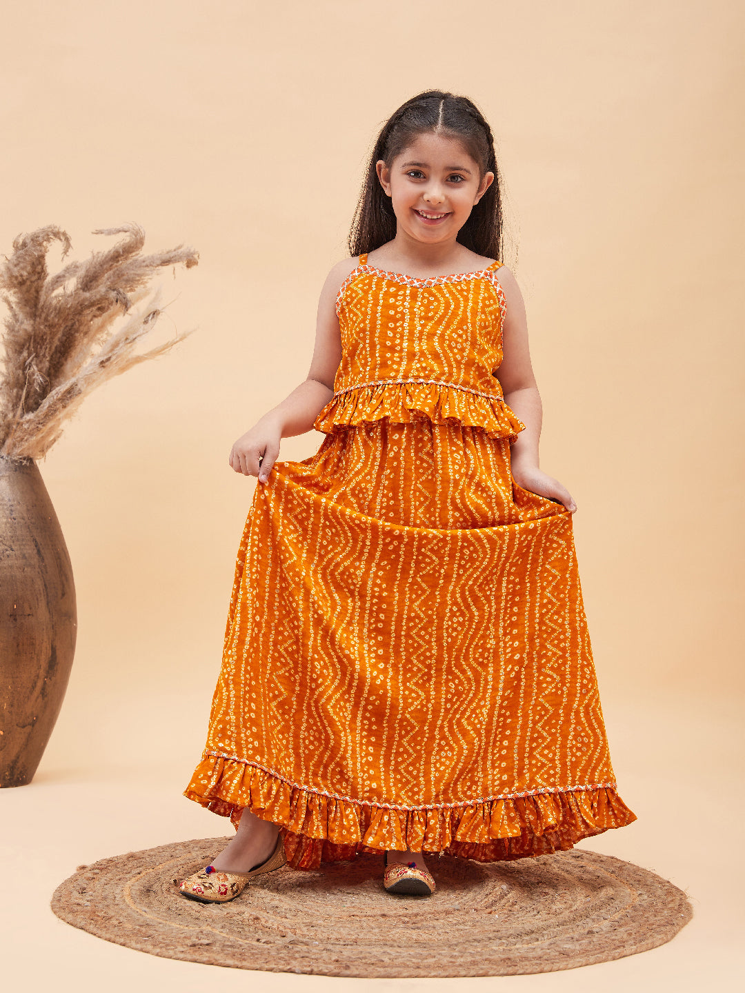 VASTRAMAY Girl's Orange Bandhani Top And Long Skirt Set - qivii
