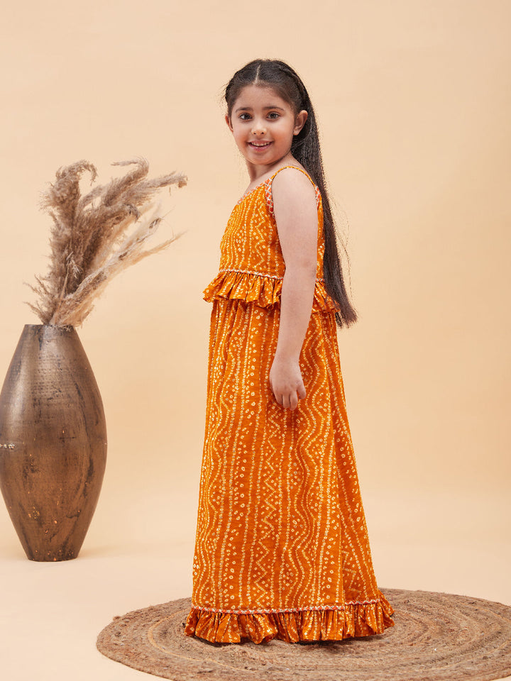 VASTRAMAY Girl's Orange Bandhani Top And Long Skirt Set - qivii