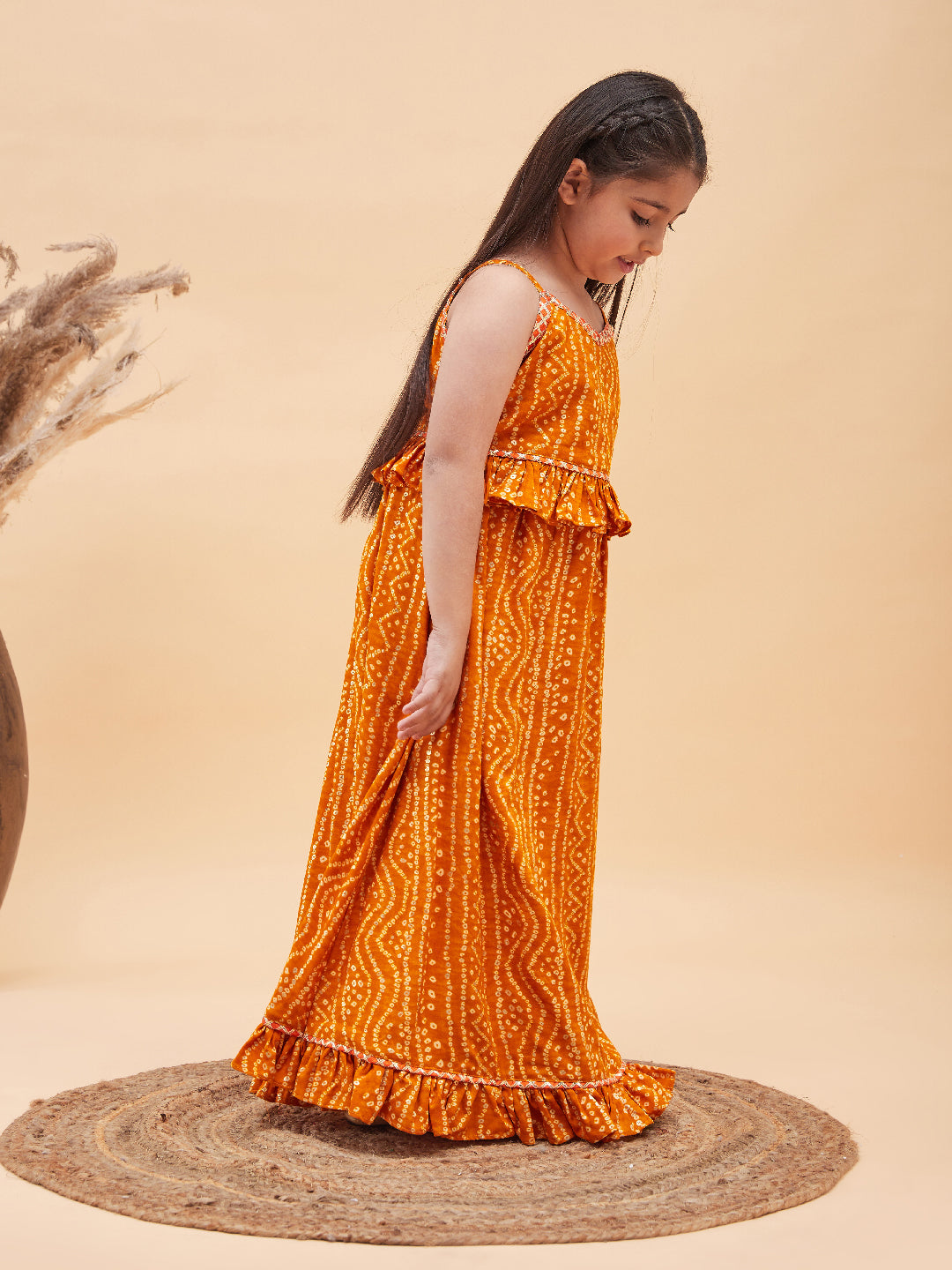 VASTRAMAY Girl's Orange Bandhani Top And Long Skirt Set - qivii