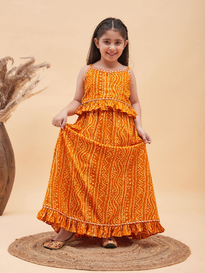 VASTRAMAY Girl's Orange Bandhani Top And Long Skirt Set - qivii