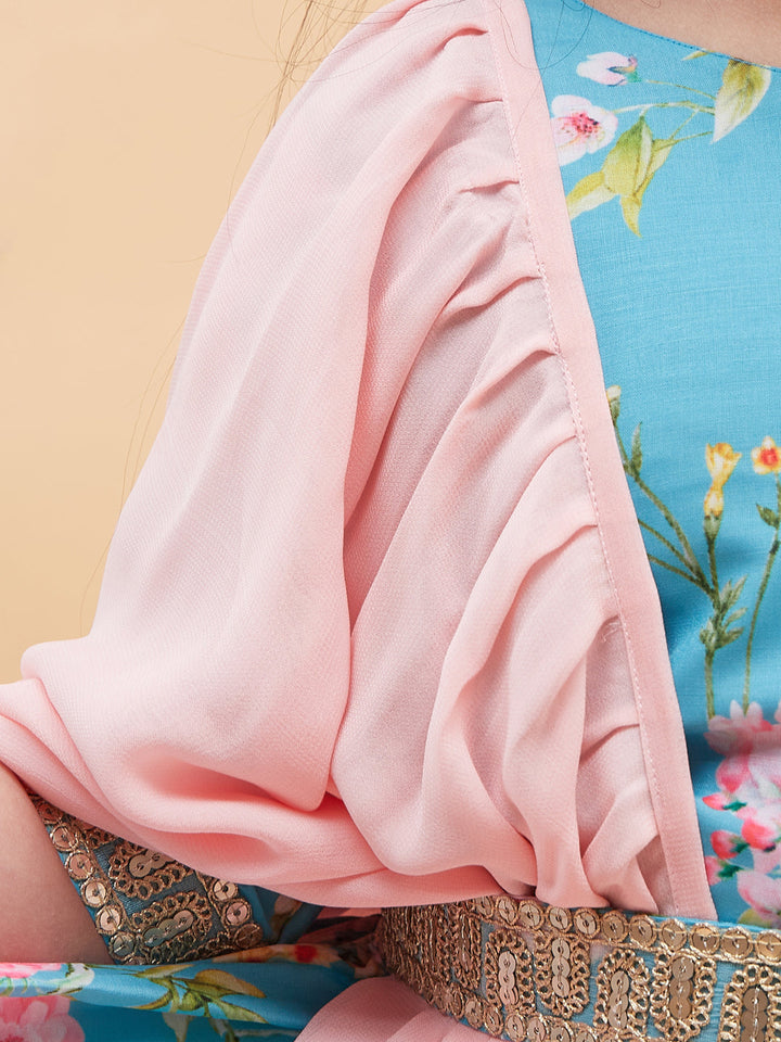 VASTRAMAY Girl's Aqua Blue Floral Print Lehenga Set - qivii